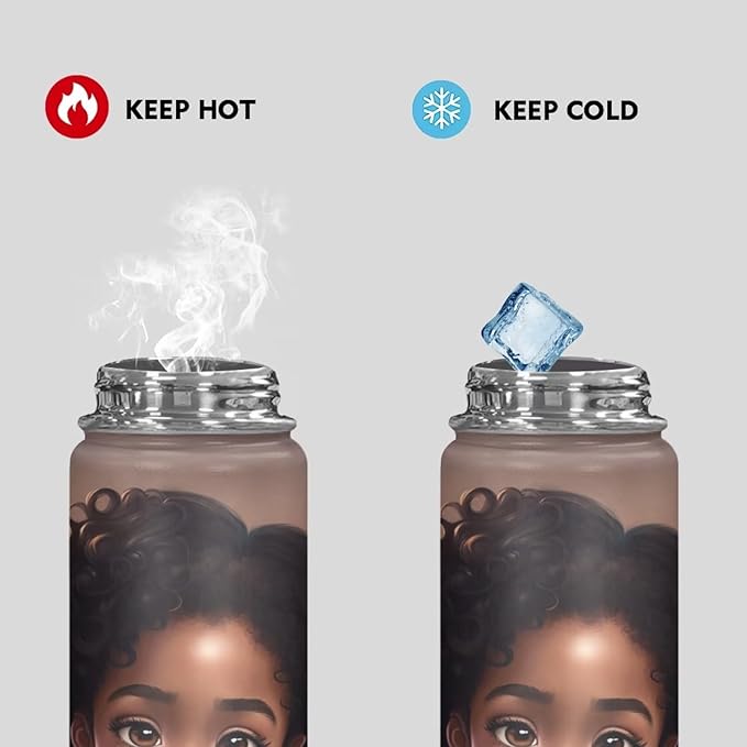 Magic Princess Teens Water Bottle 20 oz Insulated Water Bottle Afro American Stainless Steel Metal Flask Wide Mouth Bottle for Sports, Office, Travel Cup Keep Water Cold or Warm