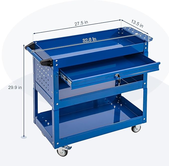 SUN & SUMMER 3-Tier Rolling Tool Cart with Wheels, Rolling Tool Chest 330 LBS Capacity Heavy Duty Utility Industrial Service Cart with Locking System Drawer for Garage, Warehouse, Repair Shop (Blue)