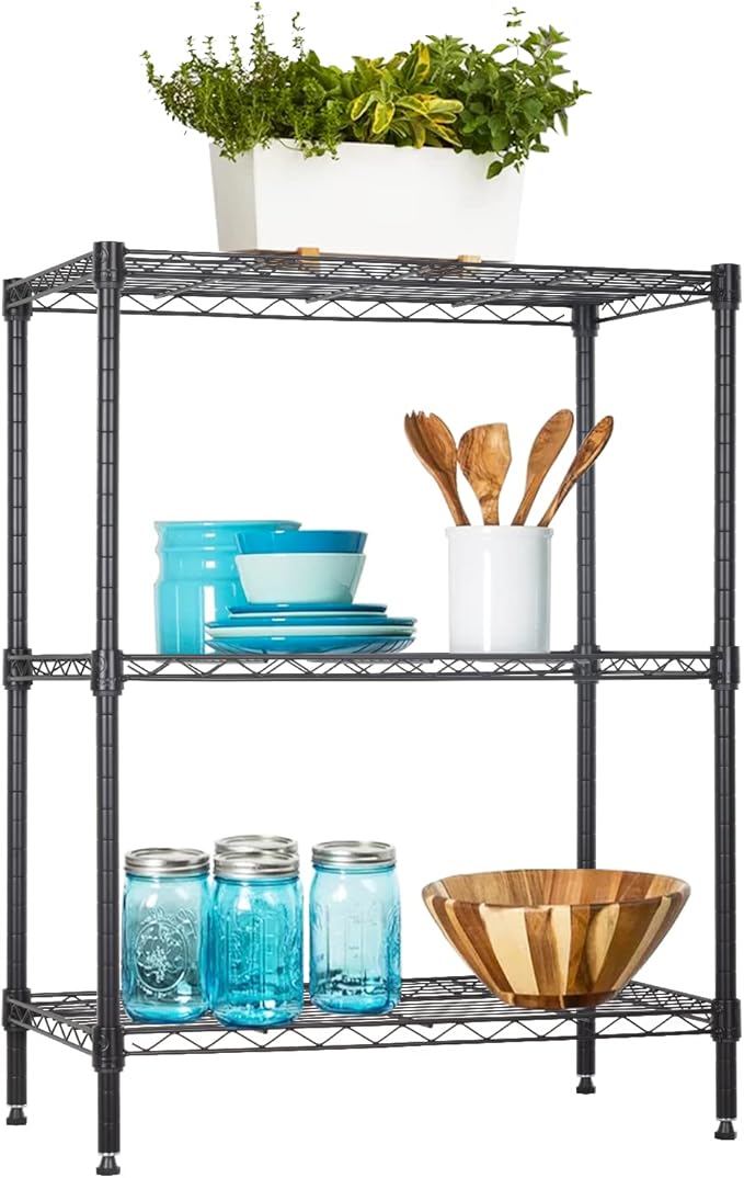 BestOffice 3-Shelf Adjustable Metal Storage Shelves Wire Shelving Unit Organizer Wire Rack 450Lbs Capacity for Small Places Kitchen Garage 23Lx13.2Wx30.2H,Black