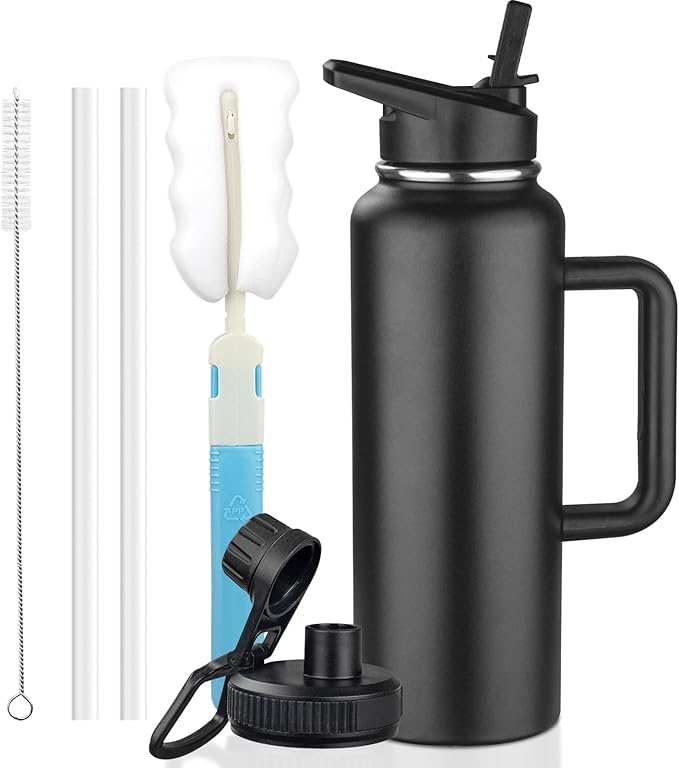 40oz Insulated Water Bottle with Handle, Stainless Steel Sports Metal Water Flask with Straw & 2 Leak Proof Lids, Double Walled Vacuum Wide Mouth Water Bottle for Travel, Camping, Gym Sports (Black)