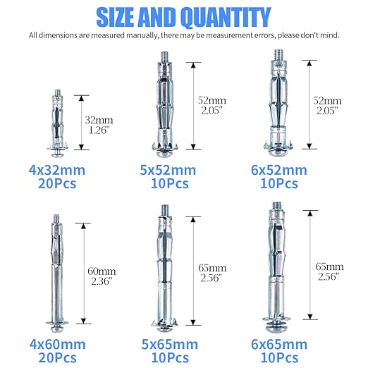 Glarks 80Pcs 6 Size Heavy Duty Zinc Plated Steel Molly Bolt Hollow Drive Wall Anchor Screws Assortment Kit for Drywall, Plaster and Tile
