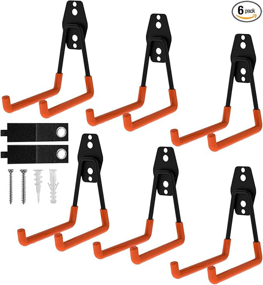Garage Hooks, 6 Pack Medium Square Wall Hooks for Hanging Heavy Duty Ladders, Bikes, Tools Ideal for Garage, Garden, Basement Utility Room Storage (Orange)