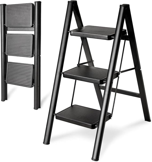 Double Elite Step Ladder 3 Step Folding, Sturdy 330 Lbs Small Step Stool for Adults, Safer Full Steel Multi-use Kitchen Ladder for Home, Closet Step Stool Ladder with Anti-Slip Wide Pedals, Black