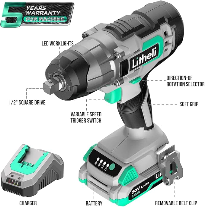 LiTHELi Impact Wrench Cordless, 1/2 inch Power Impact Wrenches Max Torque 320 ft-lbs(430N.m), 20V Impact Gun Kit with 2.0Ah Li-ion Battery ＆ Fast Charger, Electric Impact Gun for Car Tiers