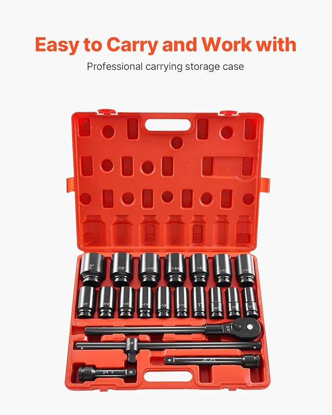 VEVOR Impact Socket Set 3/4 Inches 22 Piece Deep Impact Sockets, 6-Point Sockets, Rugged Construction, CR-V Drive Socket Set Impact SAE 13/16 inch - 2 inch, Includes Carrying Case and Ratchet Handle