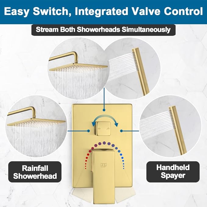 POP SANITARYWARE Shower Faucet Set Brushed Gold, 10 Inch Thickened Shower Head and Handle Set Bathroom Rain Shower System Wall Mounted Shower Fixture Include Shower Valve and Trim Kit