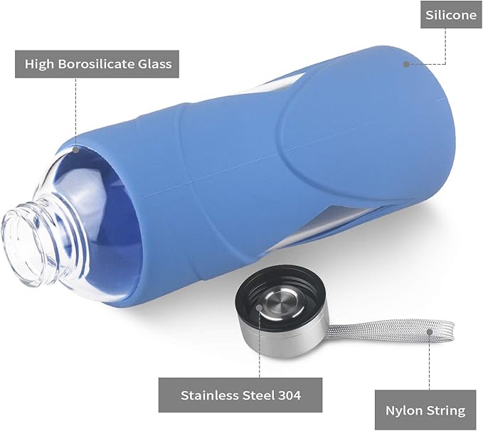 32 oz Borosilicate Glass Water Bottle BPA Free Reusable Glass Drinking Bottle with Silicone Sleeve and Stainless steel Lid