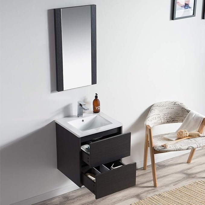 Blossom Single Bathroom Vanity with Ceramic Sink and Mirror | All Wood Floating Vanity Cabinet | 2 Soft-Closing U-Shaped Cutout Drawers | 20" w/Ceramic Sink and Mirror, Silver Grey