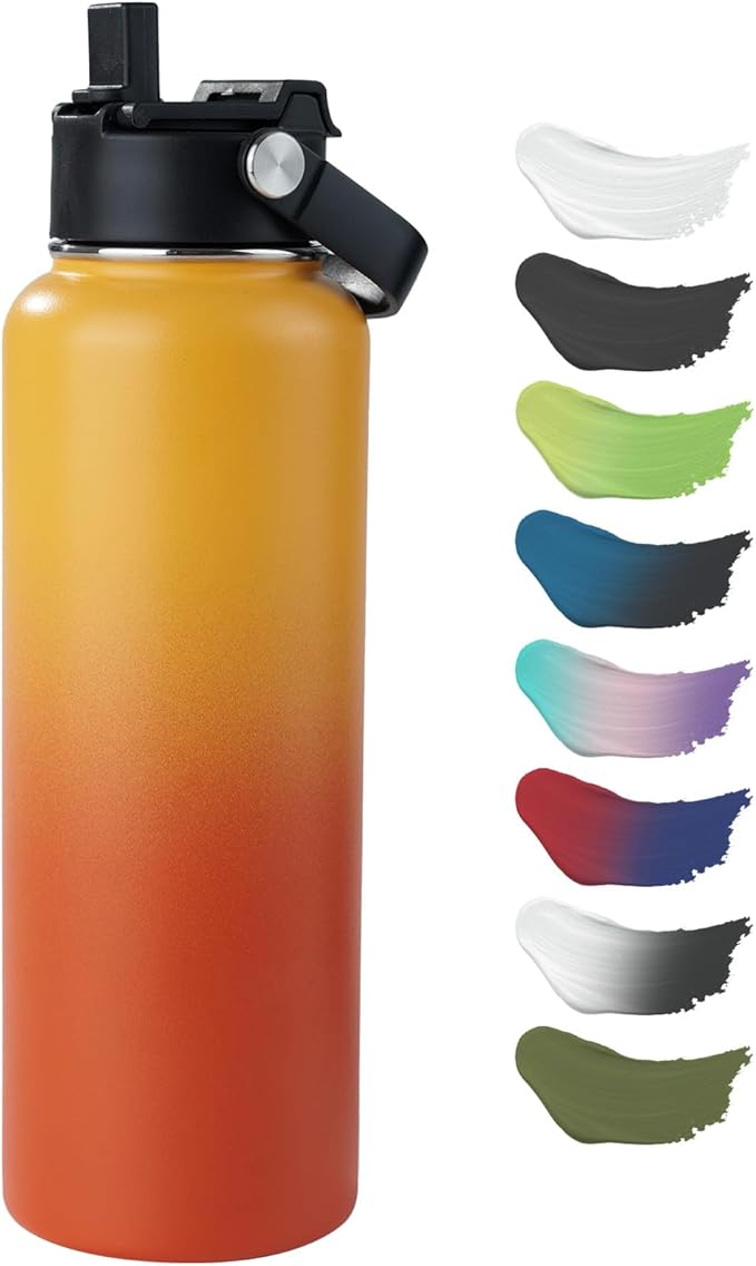 Kerilyn Stainless Steel Insulated Water Bottle, 40oz Double Wall Vacuum Insulated Water Bottle Leak Proof with Silicone Straw, Wide Mouth Lid, BPA Free, Keep Cold and Hot, 40oz, Orange Gradient