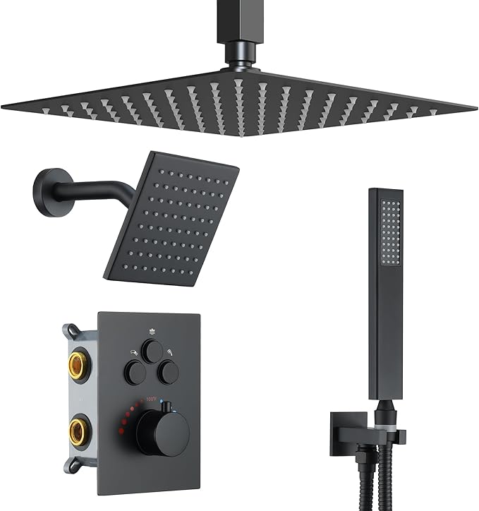 Thermostatic Dual Shower Heads System with Ceiling 12-Inch Rainfall Shower & Wall Mount 6-Inch High Pressure Shower Head, Matte Black Full Body Shower Faucet Set with Handheld Sprayer
