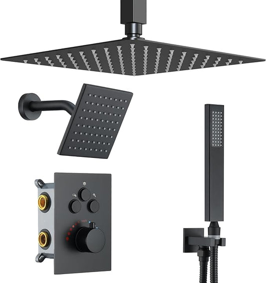 Thermostatic Dual Shower Heads System with Ceiling 12-Inch Rainfall Shower & Wall Mount 6-Inch High Pressure Shower Head, Matte Black Full Body Shower Faucet Set with Handheld Sprayer