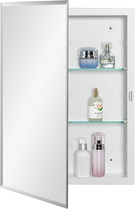 Bathroom Medicine Cabinet with Beveled Edge Mirrored Door 16 x 22 inch, Recessed or Surface Mount, with Adjustable Glass Shelves
