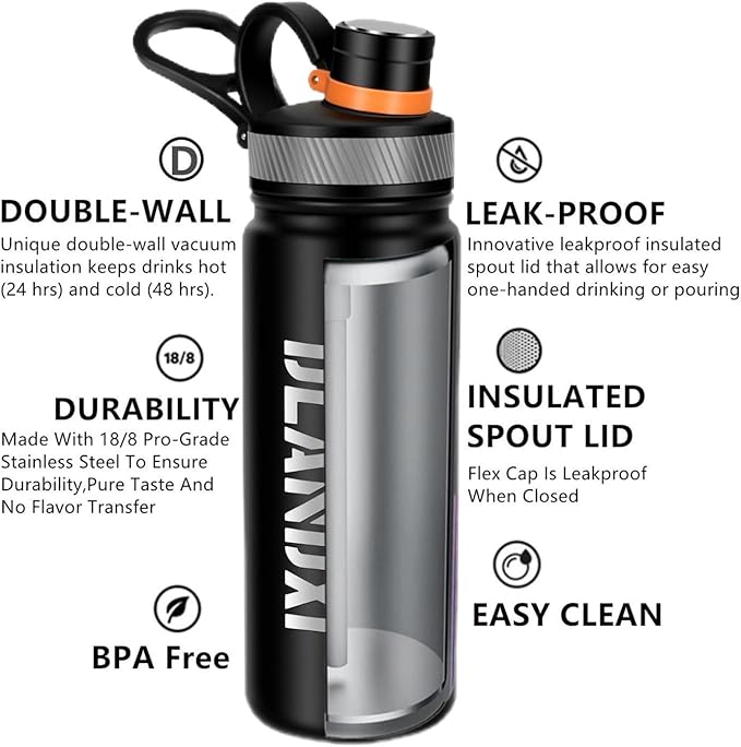 22 oz Double Wall Vacuum Insulated Stainless Steel Water Bottle with Spout Lid BPA Free (BLACK, 22 OZ)