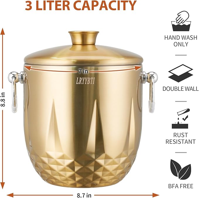 Ice Bucket with Lid, 3L Double Wall Stainless Steel Ice Bucket Keeps Frozen Longer, Insulated Ice Bucket with Tong and Strainer, Perfect for Parties, Cocktail bar, Wine, Champagne, Gold