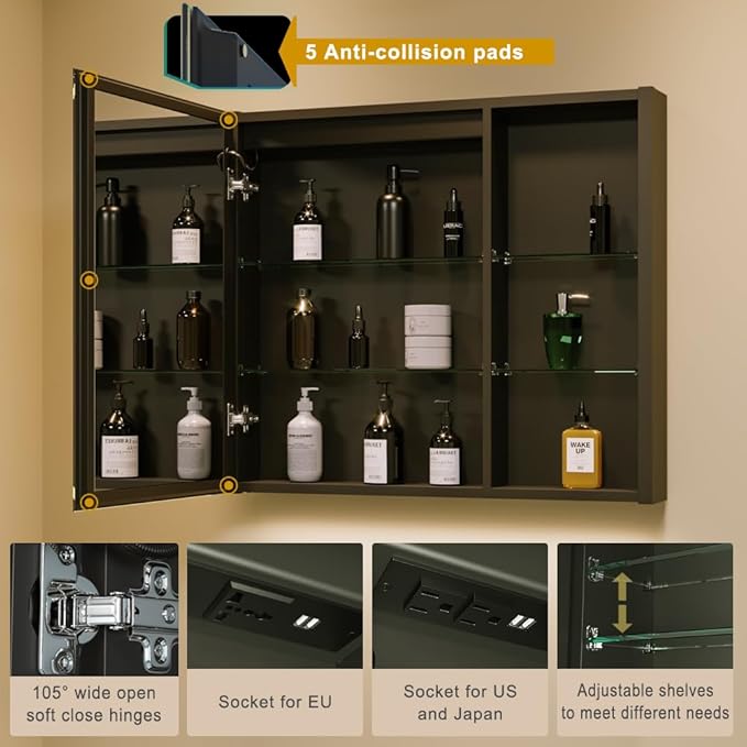 KWW LED Lighted Bathroom Medicine Cabinet with Sockets & USBs, Defogger, Dimmable, 3 Color Light Makeup Mirror, Easy to Install, Wall Mounted Cabinet (29.5 * 28)