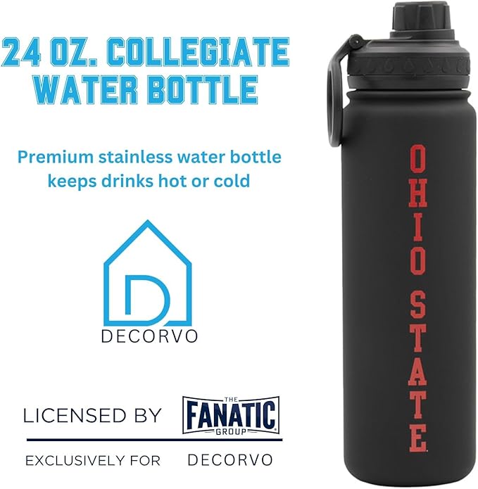 Ohio State Water Bottle - Black Double Walled Stainless Steel 24 oz Keeps Drinks Cold or Hot