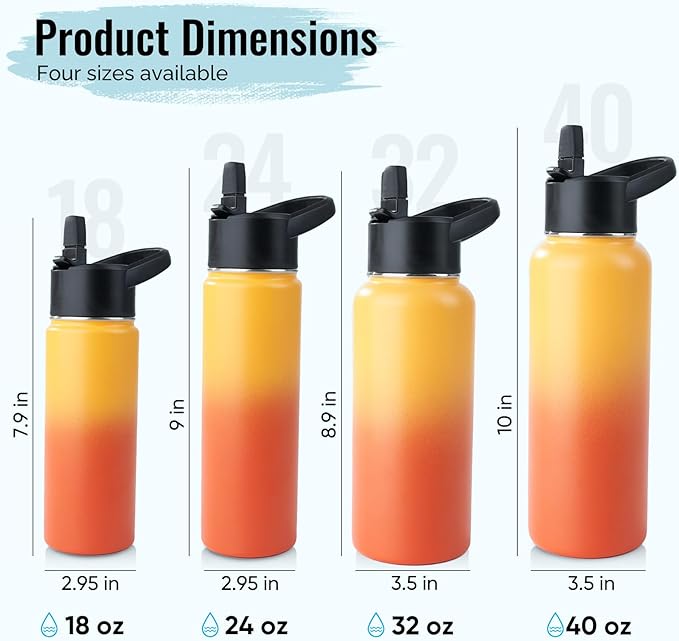 Stainless Steel Water bottle with Straw & Wide Mouth Lid, Wide Rotating Handle, 40oz Double Wall Vacuum Insulated Water Bottle Leak Proof, BPA Free, Keep Cold and Hot, 40oz, Yellow Gradient