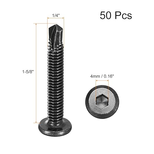 uxcell Hex Socket Self Tapping Screws, 1/4 x 1-5/8" 410 Stainless Steel Sheet Metal Flat Head Drilling Screw 50pcs, Black