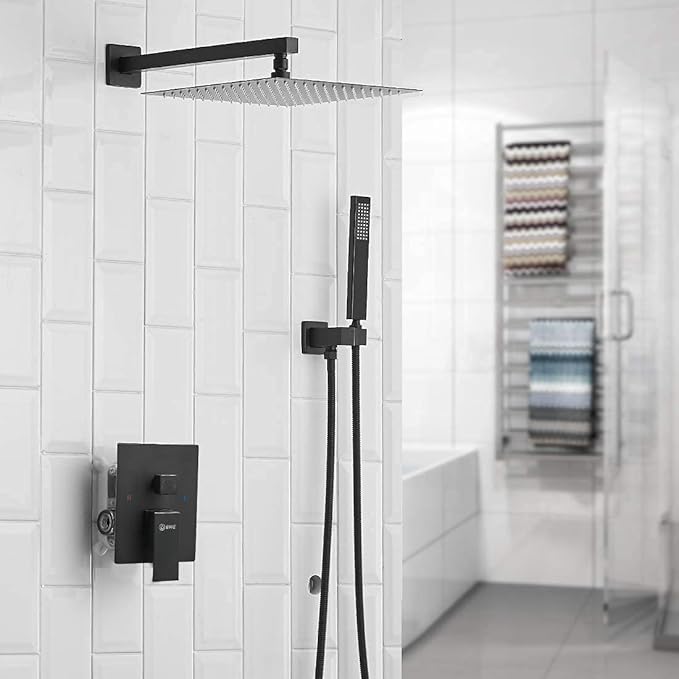 BWE Black Shower Faucet 16 Inch Square Luxury Rain Mixer Shower System Sets Complete 2-Functions Pressure Balancing Wall Mount Rainfall Rough-in Valve Body and Trim Included