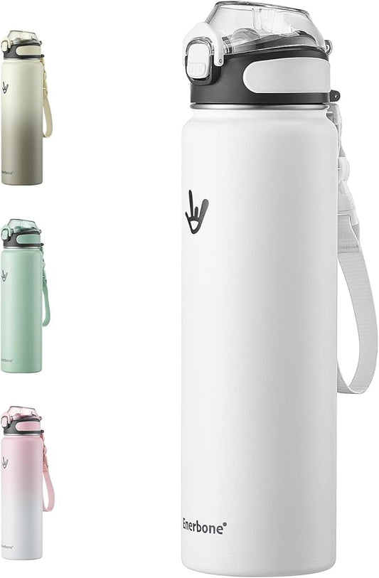 Enerbone Insulated Water Bottle, 32 oz Stainless Steel Water Bottles with Carrying Strap, Double-Wall Vacuum Insulation Thermos, Leakproof Sports Bottle with Straw, Keep Drinks Hot or Cold for Hours