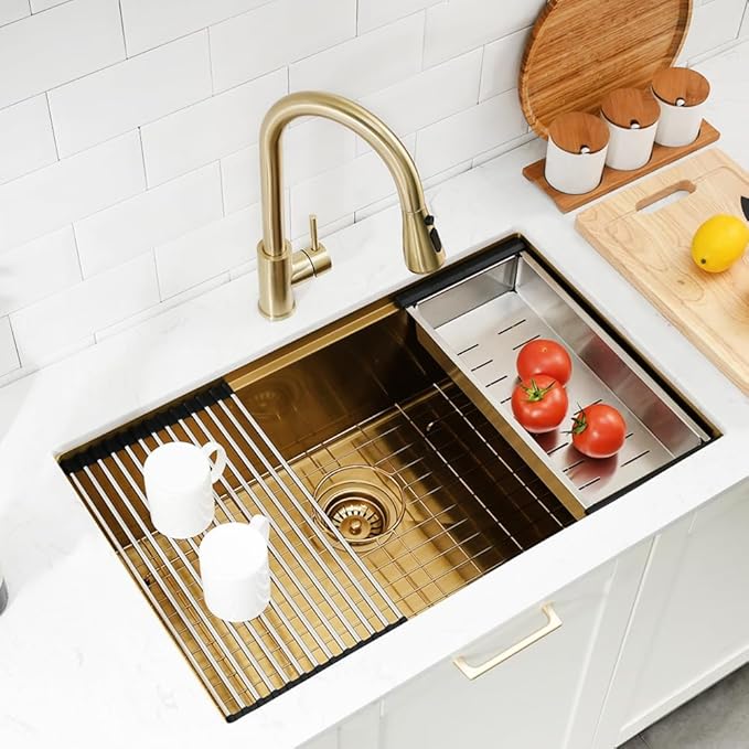 30 Inch Undermount Kitchen Sink Gold Stainless Steel Workstation Single Bowl 16 Gauge Over Counter Deep Kitchen Sink Basin