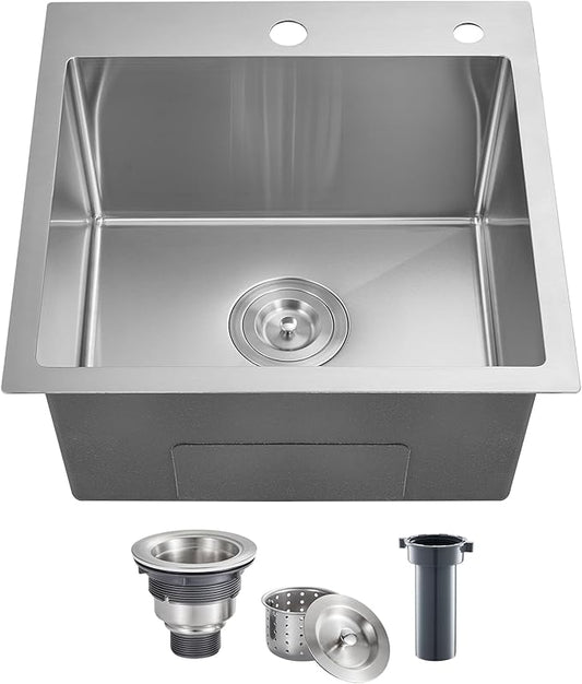 POPFLY 18 Inch Drop In Kitchen Sink, 304 Stainless Steel Top mount Handmade Single Bowl Kitchen Sink 9 Inches Deep Bar Prep Sink, Brushed Nickel（18×18×9）