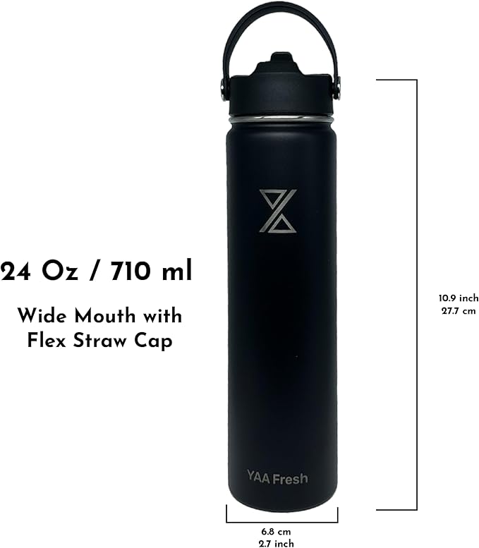 Yaa Fresh 24Oz BPA-Free 24 Hr Cold/12 Hr Hot Insulated Stainless Steel Sports Water Bottle with Straw and Lid, Food-grade Double Walled, Leakproof, Insulated Thermos, Wide Mouth for Men, Women & Kids