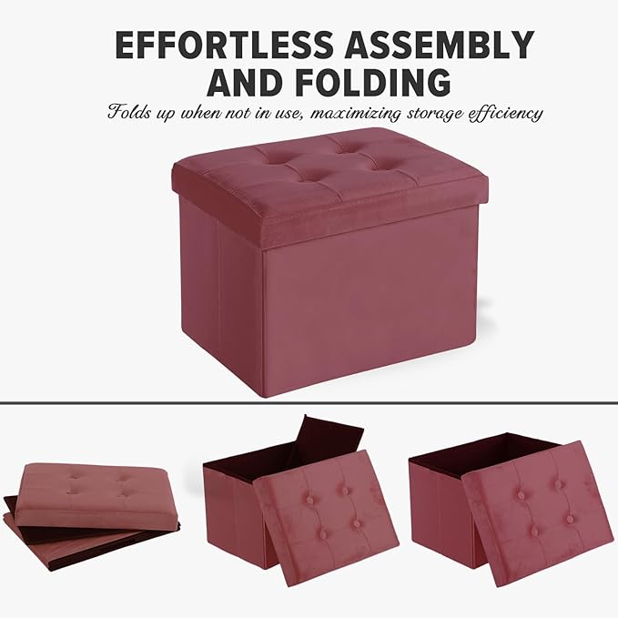 LINMAGCO Storage Ottoman Folding Foot Stool Velvet Footrest with Padded Modern Ottoman with Storage for Living Room Puppy Step Stool 17x13x13in(Jelly Pink)