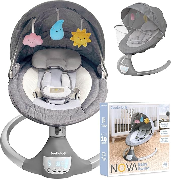 Jool Baby Nova Swing for Newborns - Electric Motorized Infant Swing, Bluetooth Music, 10 Preset Melodies, Remote (Updated Model, Gray)