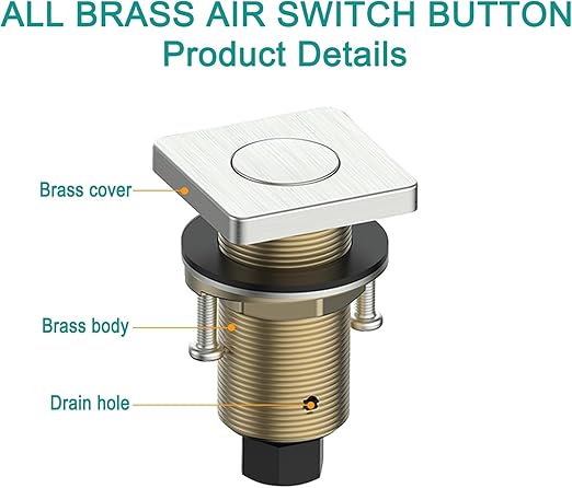 Garbage Disposal Switch, Cordless Air Switch Kit for Food Waste Disposer, Brass Material Brushed Nickel, Long Sink Top Push Button
