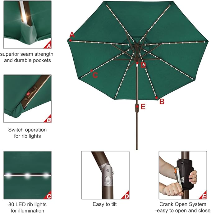 EliteShade USA 10-Year-Non-Fading Solar 9ft Market Umbrella with 80 LED Lights Patio Umbrellas Outdoor Table Umbrella with Ventilation,Forest Green