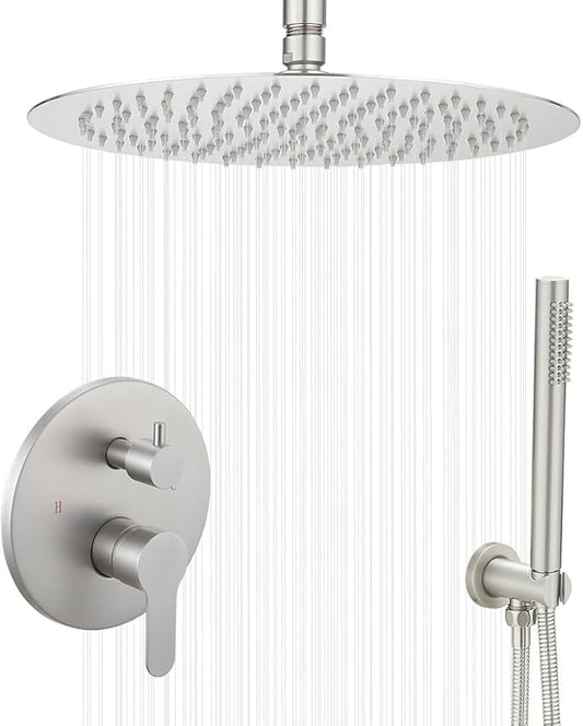 Brushed Nickel Ceiling Mount Round Rain Shower System with 16 Inch Shower Head and Handheld Bathroom Shower Set Contain Shower Faucet Trim Kit (Mixer Valve Included)