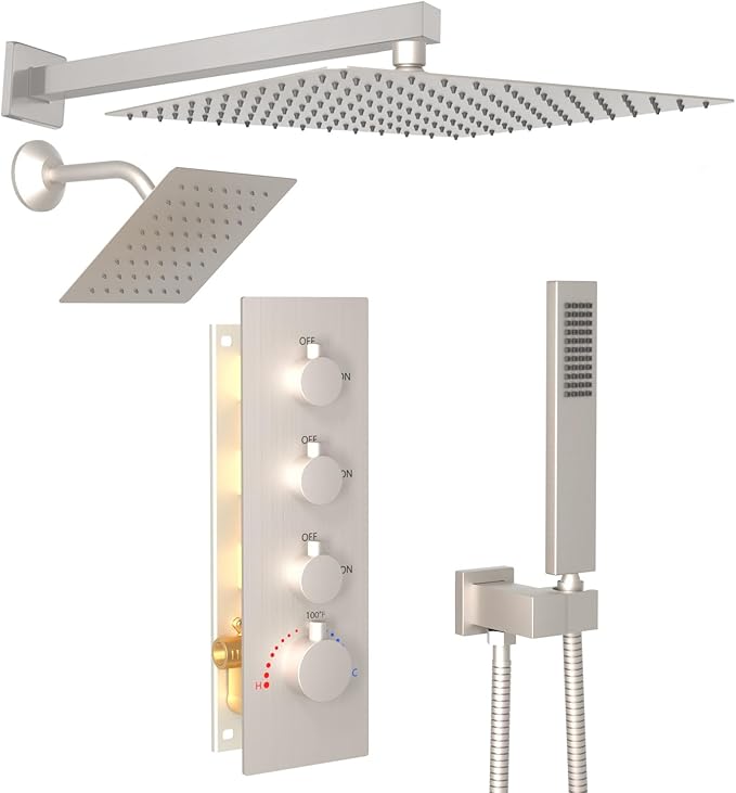 Enga Thermostatic Dual Shower System, 12"+6" Wall Mount Dual Rain Shower Faucet, All Functions Use Together & Volume Adjustable, Brushed Nickel