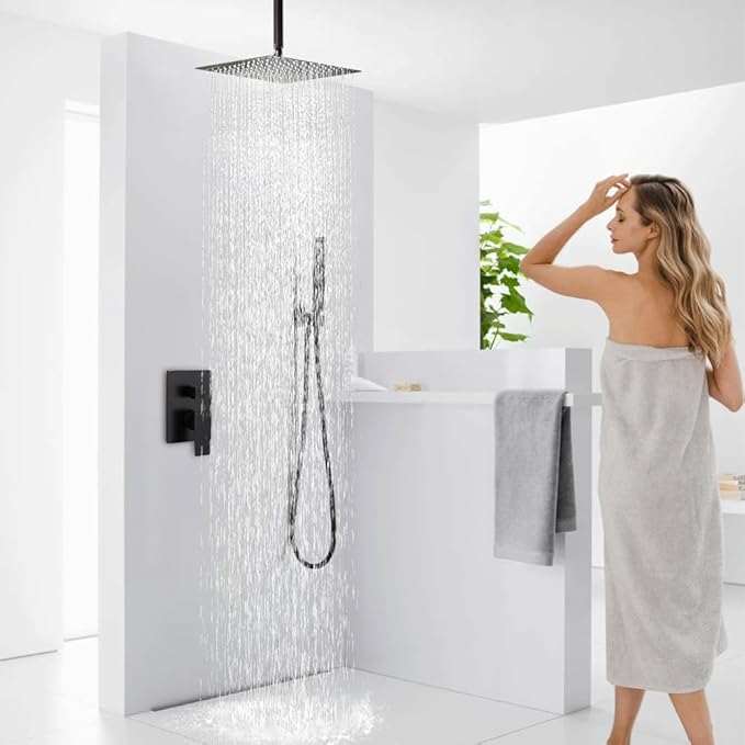16 Inch Oil Rubbed Bronze Ceiling Mount Shower System Bathroom Luxury Rain Mixer Shower Combo Set Ceiling Rainfall Shower Head System Faucet Contain Rough-in Valve and Trim Included