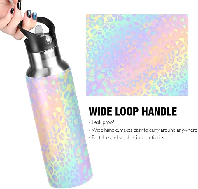senya 20 Oz Water Bottle with Straw Rainbow Leopard Print Neon Stainless Steel Water Bottle for Traveling Sports Leakproof Insulated Water Bottle