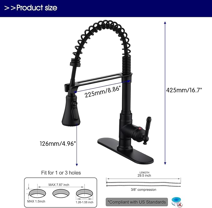 Black Kitchen Faucet with Pull Down Sprayer Stainless Steel Single Handle Pull Out Spring Sink Faucets 1 Hole Or 3 Triple function campers, RVs, laundry rooms, and kitchen countertops or bar counter.