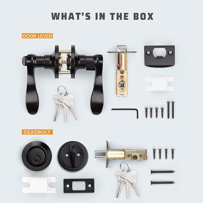 KNOBWELL Entry Lever Door Handle and Single Cylinder Deadbolt Set Keyed Alike, Exterior Door Knob Lock with Deadbolt for Office and Home Security, Mattle Black Front Door Lock Set, 1 Pack