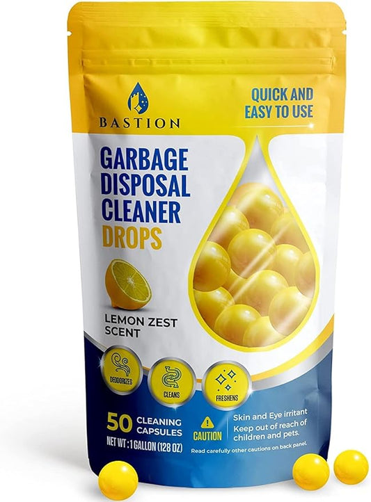 Bastion Garbage Disposal Cleaner and Deodorizer Drops- [[50-Count]] Lemon Zest Scented Kitchen Sink Freshener Pods & Drain Odor Eliminator Disposer Care Balls