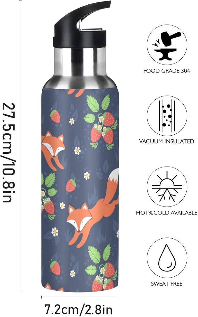 Blueangle 22 OZ Fox And Strawberry Water Bottle with Straw - BPA Free Leakproof Stainless Steel Water Bottle for Women Men Water Jug for Fitness Gym Outdoor Sport