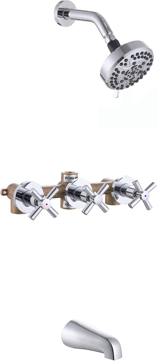 3 Handle Tub Shower Faucet Set, Bathtub Shower Faucet With Tub Spout Chrome Tub and Shower Trim Kit with Valve
