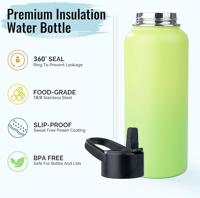 Stainless Steel Water bottle with Straw & Wide Mouth Lid, Wide Rotating Handle, 40oz Double Wall Vacuum Insulated Water Bottle Leak Proof, BPA Free, Keep Cold and Hot, 40oz, Green Gradient