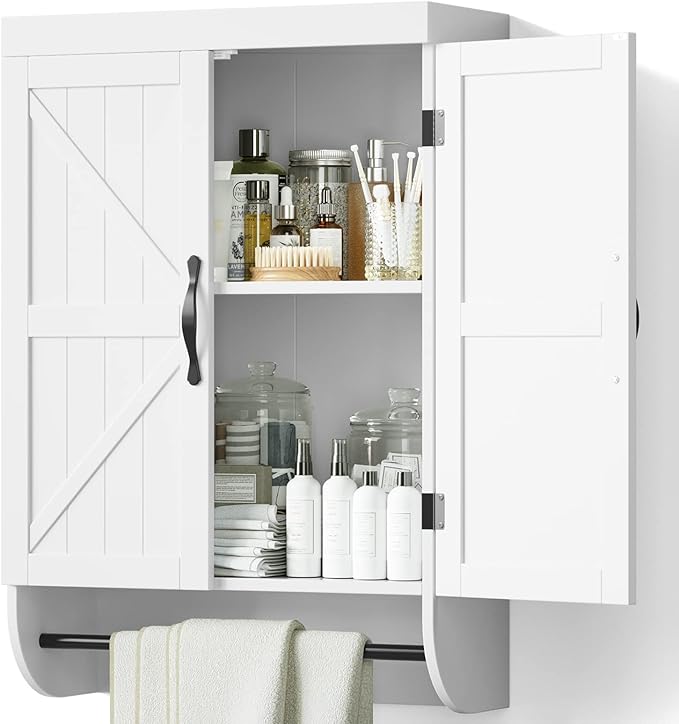 SRIWATANA Bathroom Storage Wall Cabinet Over The Toilet with Adjustable Shelf, Space Saver 2-Door Medicine Cabinet with Metal Bar, White
