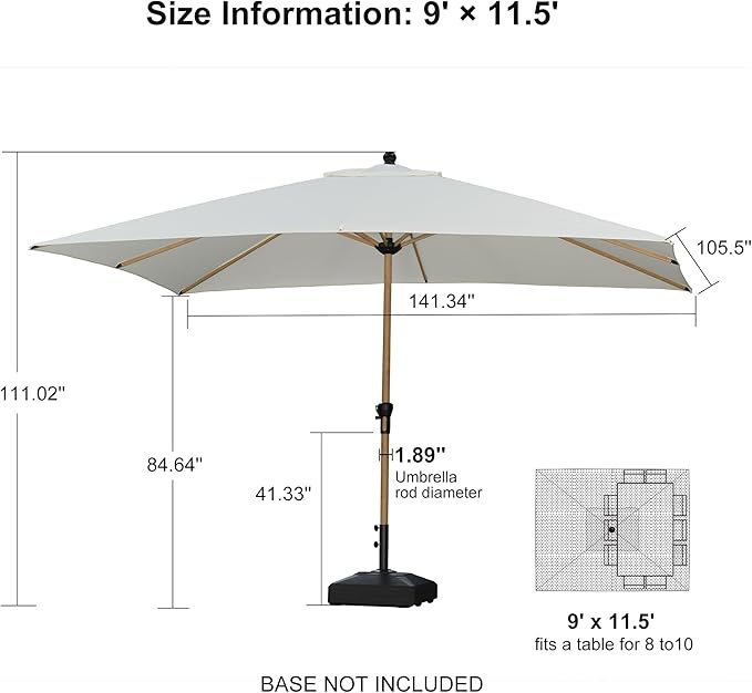 PURPLE LEAF 9' x 11.5' Patio Umbrella Outdoor Table Umbrella Rectangular Aluminum Market Umbrella with 8 Sturdy Ribs & Crank Outdoor Umbrellas for Garden Deck Patio, Cream