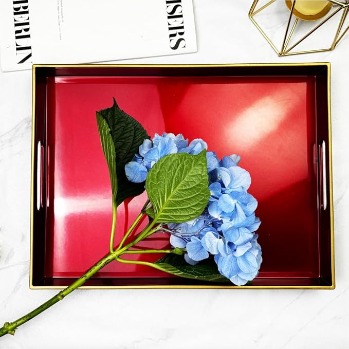 Large Red Decorative Tray, Serving Tray with Handles, Plastic Coffee Table Tray for Ottoman, Living Room, Bathroom, Decor. 15.7” x 11.8” x1.6”