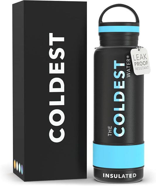 Coldest Insulated Water Bottle with Handle Lid | Leak Proof, Insulated Stainless Steel, Triple Walled, Sport Thermos Bottles, Metal Flask (‎Matte Black, 21 oz)