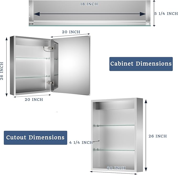 ExBrite Lighted Medicine Cabinet with Mirror, 20 x 26 Inch, Recessed or Surface led Medicine Cabinet, Defog, Stepless Dimming,Color Temperature Change,2 Outlets,Built-in 6000K Sensor Light,Right Hinge