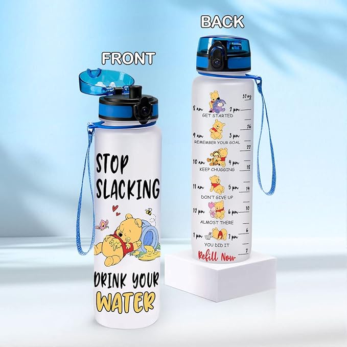 Winnie Pooh 32 Oz Water Track Bottle, Stop Slacking Drink Your Water Water Bottle With Time Marker, Pooh Bear Motivational Insulated Water Bottle, Gifts For Family Friend