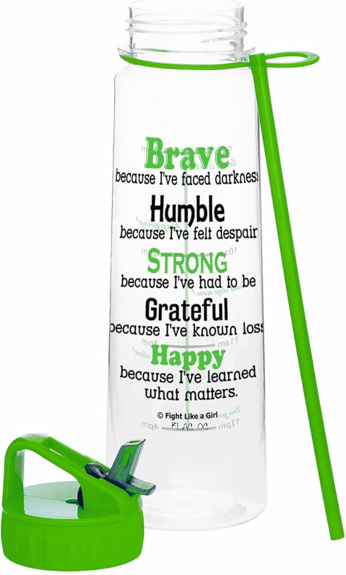 Fight Like a Girl Brave SlimKim 30 oz Motivational Water Bottle with Time Marker & Straw for Lymphoma, Lyme Disease Awareness - Reusable Clear Water Bottle for Workout, Gym, Travel - Lime Green