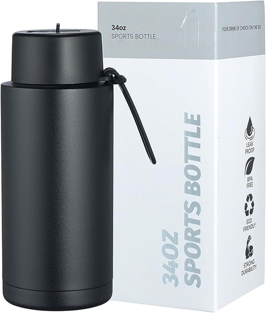AGH 30oz Water Bottle - Double Wall Vacuum Insulated Stainless Steel Tumbler with Straw - Black