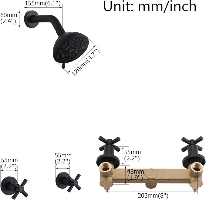 2 Handle Shower Faucet,Wall Mounted Two Handles Shower Faucet Set with 8 Modes Rainfall Shower Head,2 Knobs Single Function Shower Trim Kit with Rough-in Valve,Matte Black